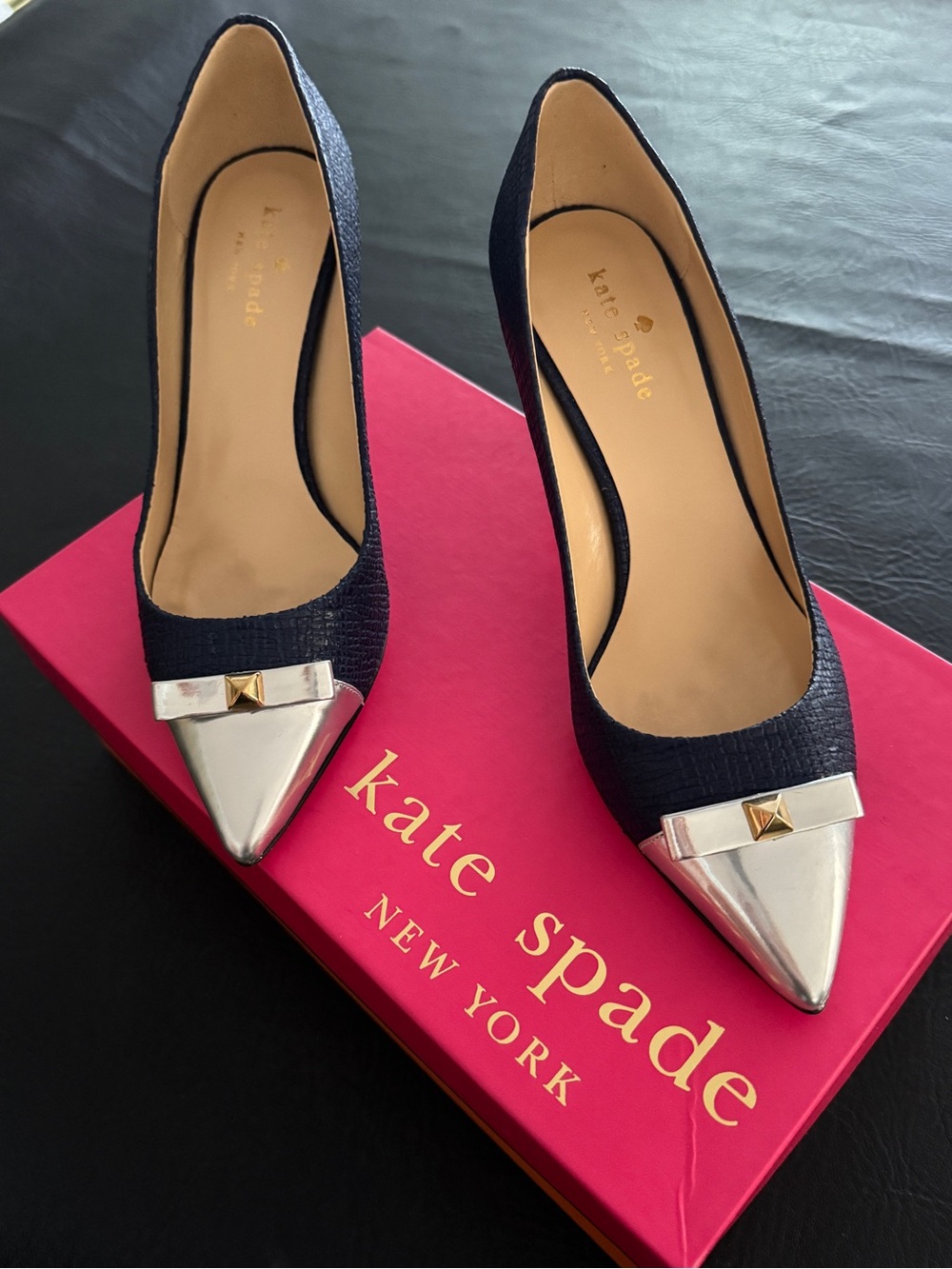 Kate Spade Navy and Silver Pointed Toe Pumps with Gold Stud New. Gorgeous.